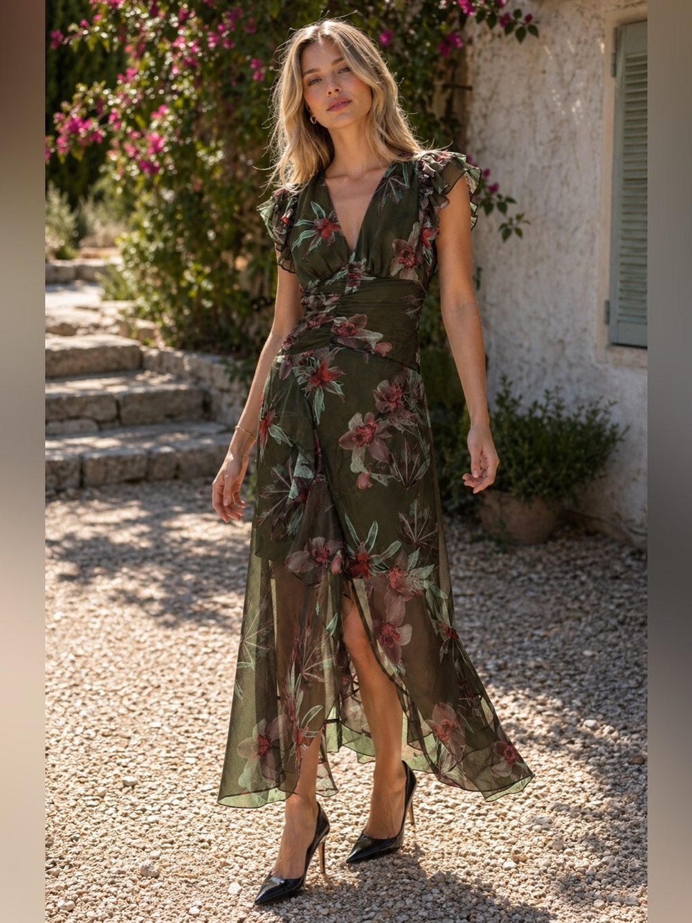 All Saints Olive Floral Wrap Maxi Dress Adena Khaki Green-see details MSRP $459